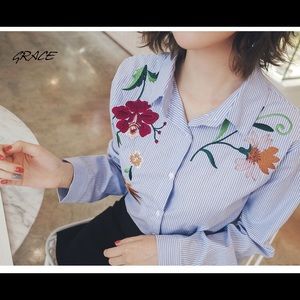 Embroidered Striped & Floral Button Up Blouse